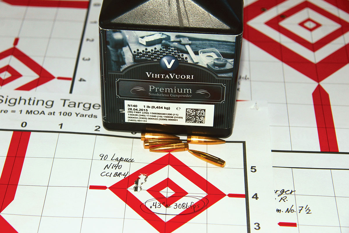 A proven load including Lapua’s 90-grain Scenar-L and 30 grains of Vihtavuori N140 shot best while using CCI’s BR-4 small rifle primer. That .43-inch group was sent at 3,086 fps.